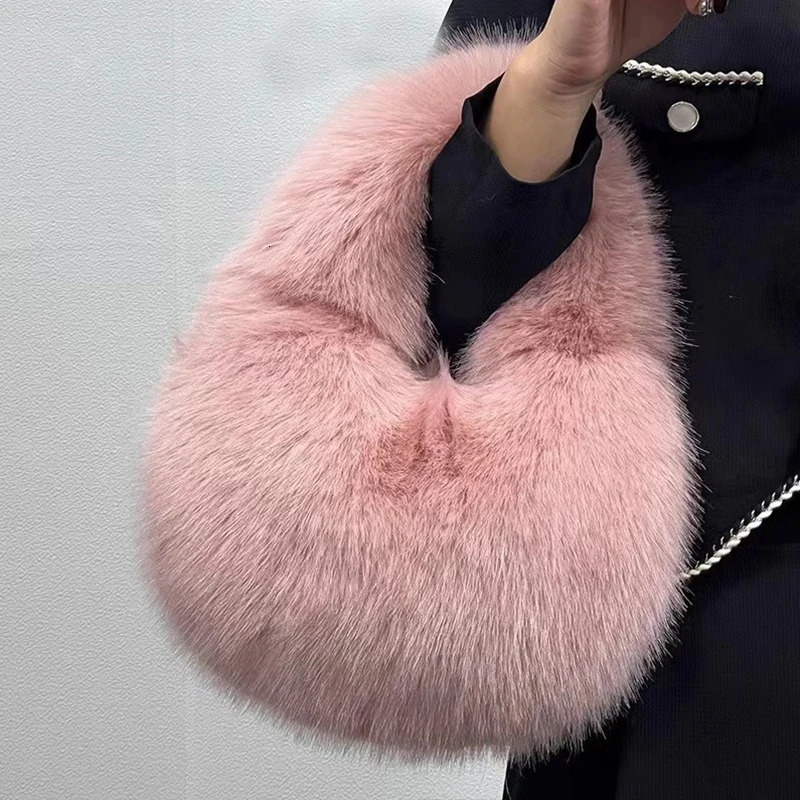 Fashion Soft Plush Half Moon Bags for Women Fluffy Faux Fur Lady Handbags Small Tote Female Winter Purses 241213