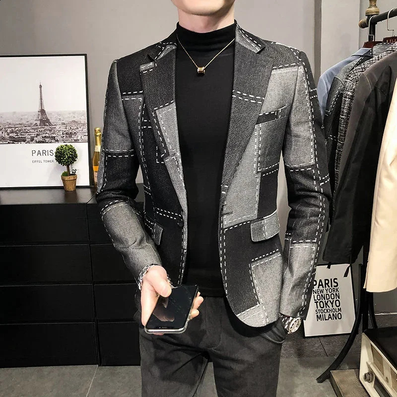 Fashion Patchwork Geometric Print Mens Blazer Vintage Hombre Casual Suit Men Jacket Autumn Plaid Stylish 241218