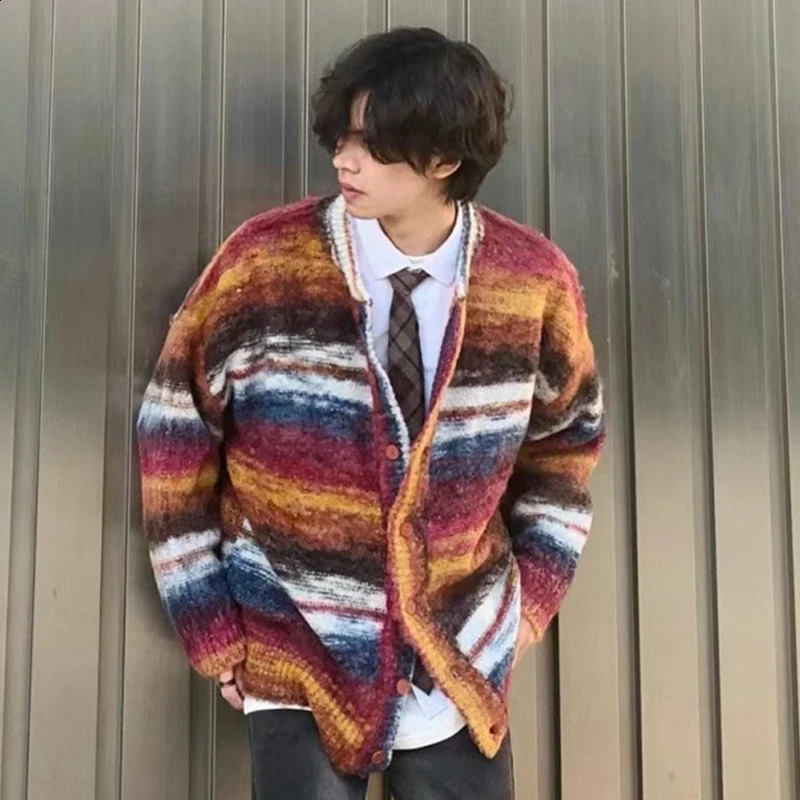 FEWQ American Contrasting Cardigan Sweater Knitted Mens Loose High Street Jacket Trendy Contrast Color Male Tops 24E1955 241223