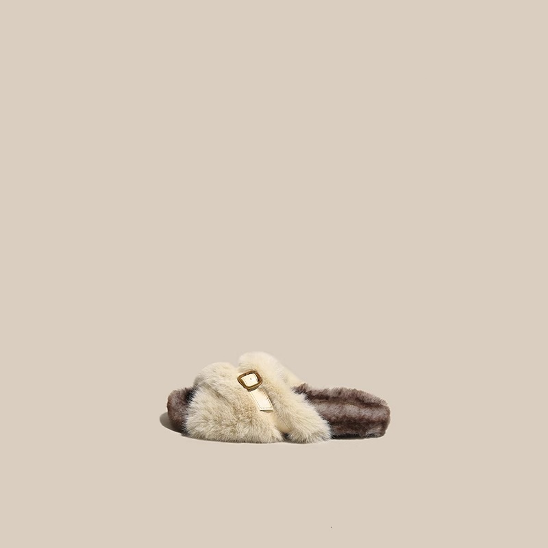 New Autumn 2023 Shoes For Women, Furry Flat Bottom Mink Fur Fairy Wearing Soft Soled Cotton Slippers