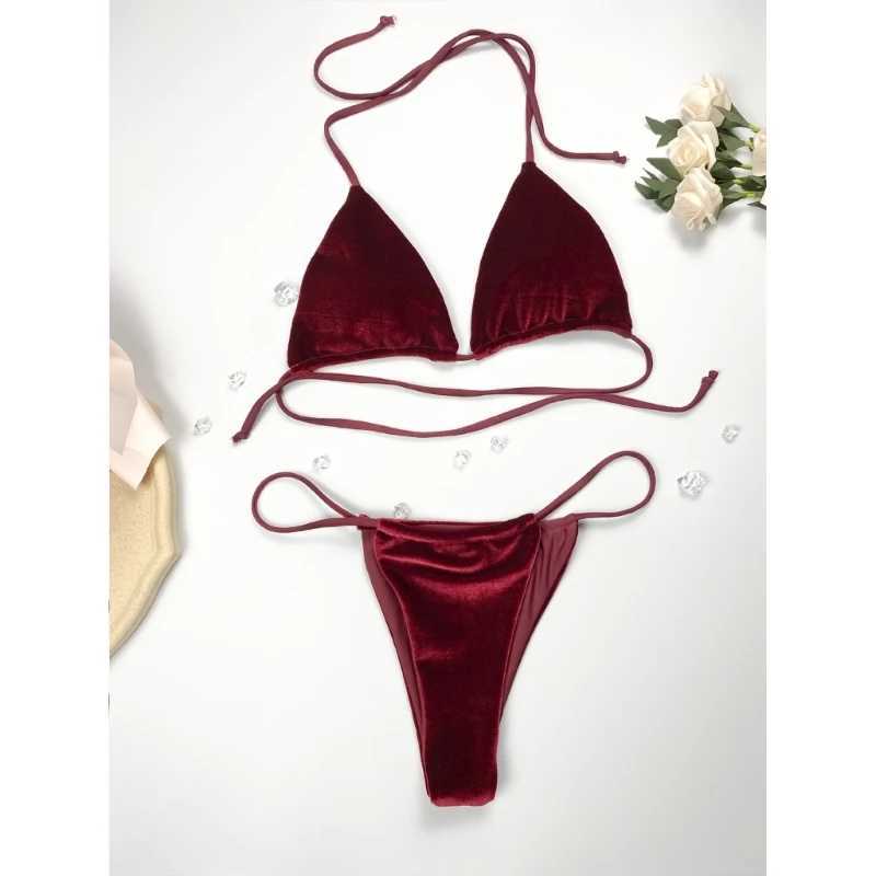 Summer Halter Bikini Set Backless Swimwear Two Pieces Swimsuit Beachwear Fashion Velvet Bathing Suits for Women FemaleXJ241223