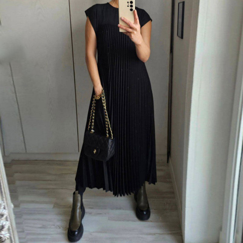X3115 Spring new dress women's elegant fashion round neck sleeveless pleated long dress 2025