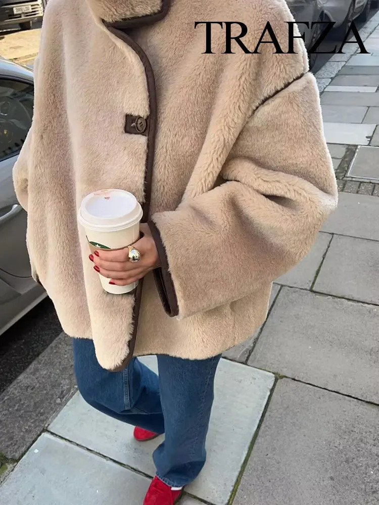 TRAFZA Womens Fashion Fleece Short Casual Jacket Women 2024 Elegant Long Sleeve Button Decoration Chic Pocket Thick Jacket Y2K 241223