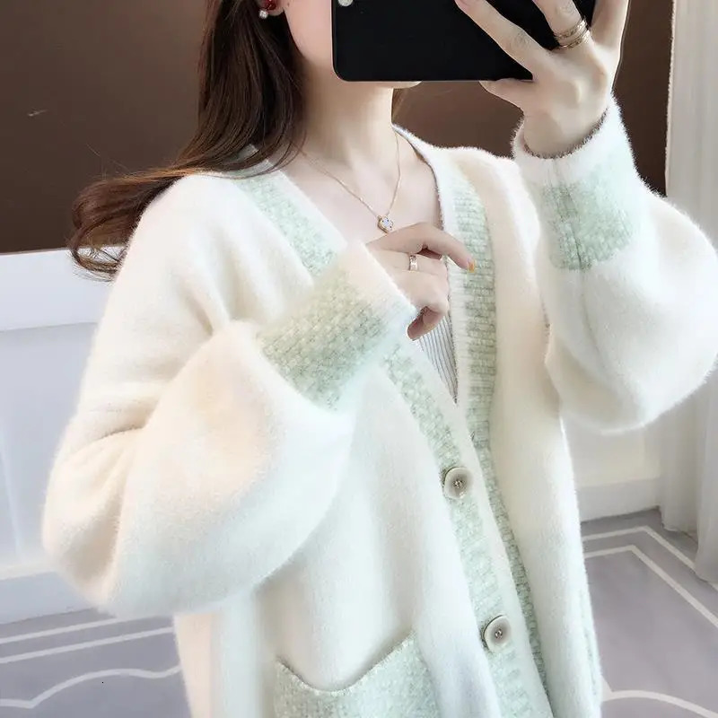 Mink Fleece Sweater Cardigan Womens 2024 Spring and Autumn Thickened Loose Mid Length Knitted Coat Winter Clothe 241220