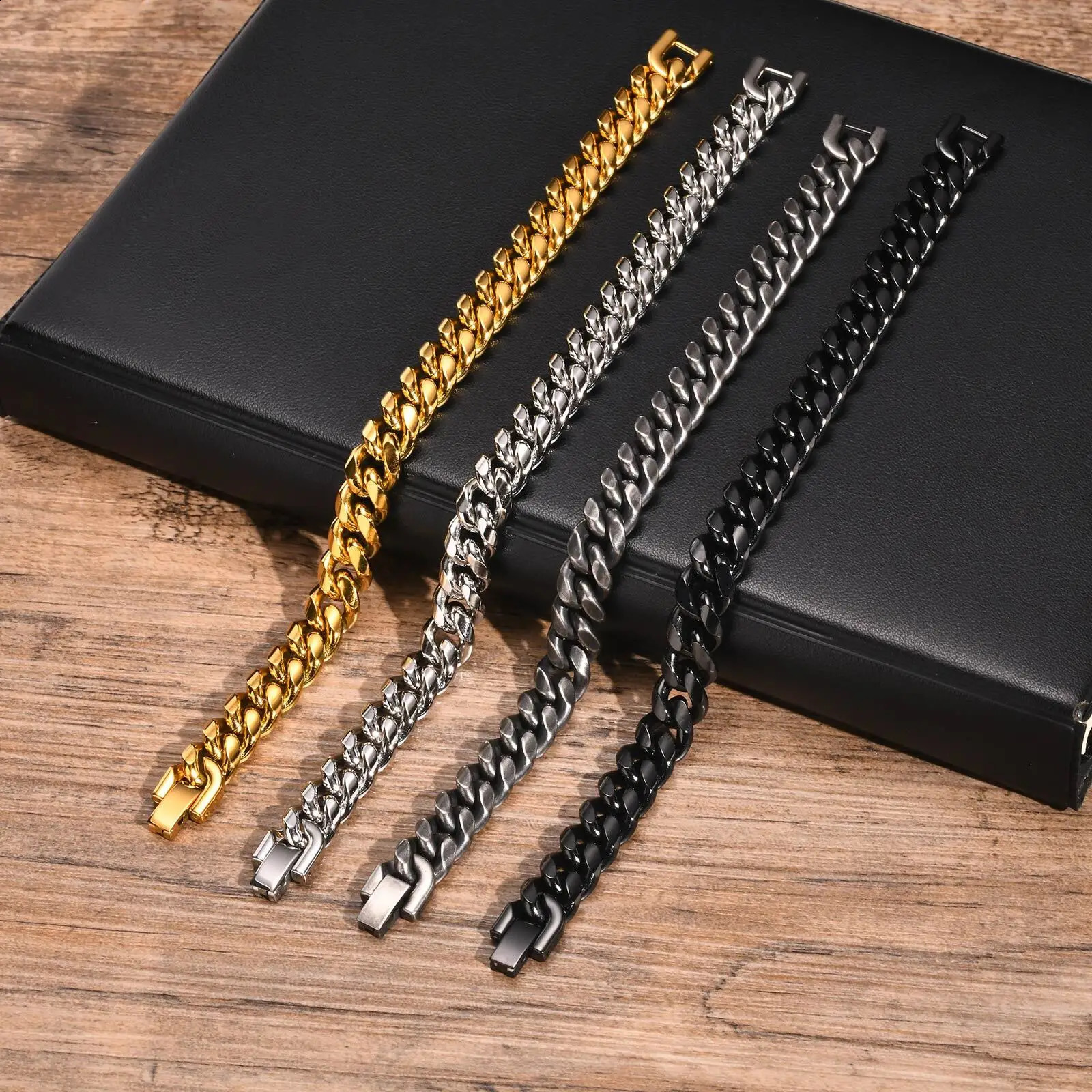 Stainless Steel Cuban Chain Bracelets for MenSilver Gold Black Color Miami Curb Link Chain WristbandClassic Punk Jewelry 241214