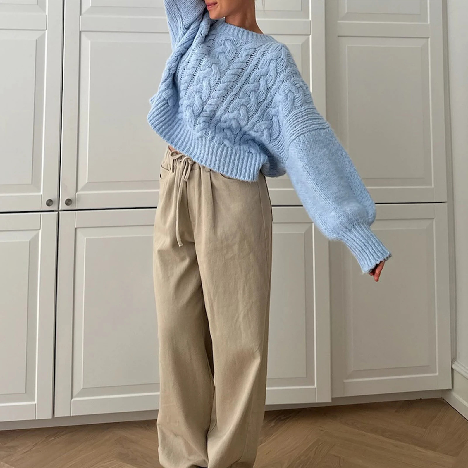Long Sleeve Jumpers Knitwear Round Neck Solid Color Pullovers Knit Tops Womens Cable Knit Sweaters Fashion Female 241223