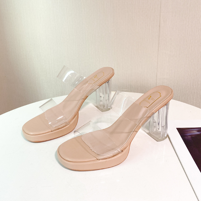 free shipping designer shoes Summer New One Word Transparent Strap Women's Large Square Head Thick High Heel Drag Sandals