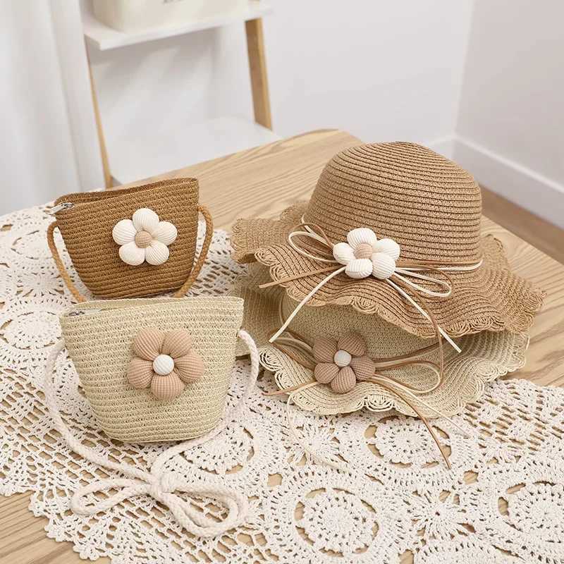 Caps Hats Childrens girls flower summer hat fashion childrens sunscreen hat grass hat beach baby accessories 2-8 years old children H241223