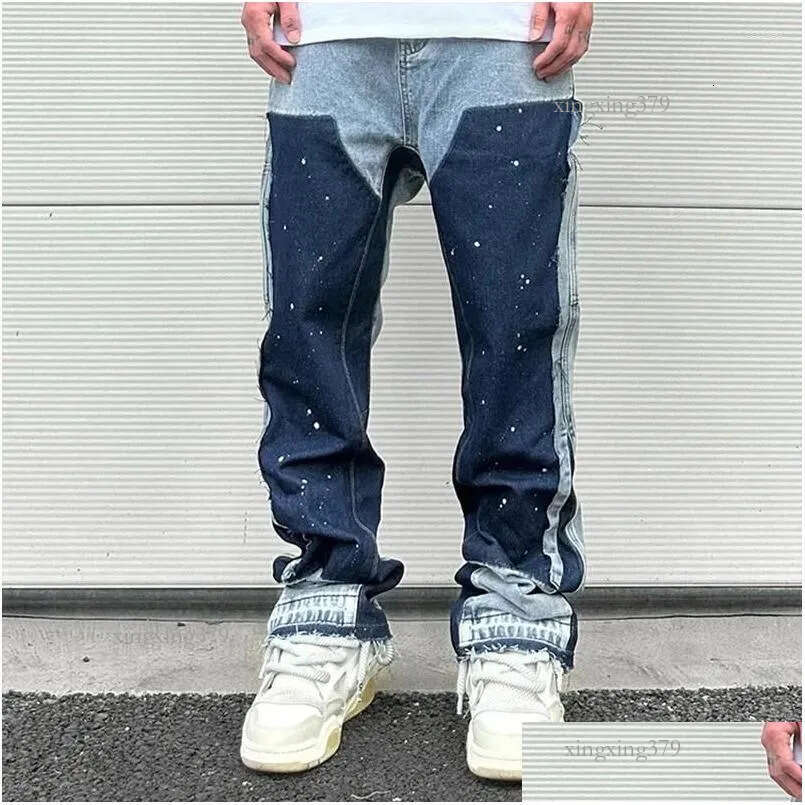 Mens European Ink Sprayed Flared For Men Contrast Color Looen Fit Streetwear Denim Clothes Open Hem Males Drop Delivery Apparel Cloth Dhhrj