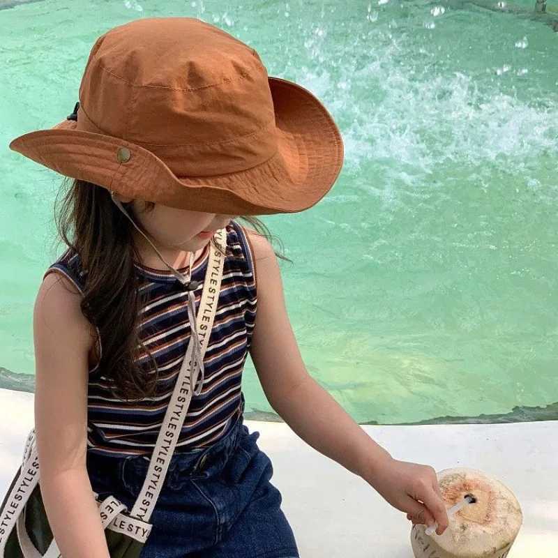 Caps Hats Summer Quick Dry Kids Bucket Hat Solid Color Boys and Girls Fishermans Hat Children Dragging Outdoor Beach Panama Sun Hat H241223