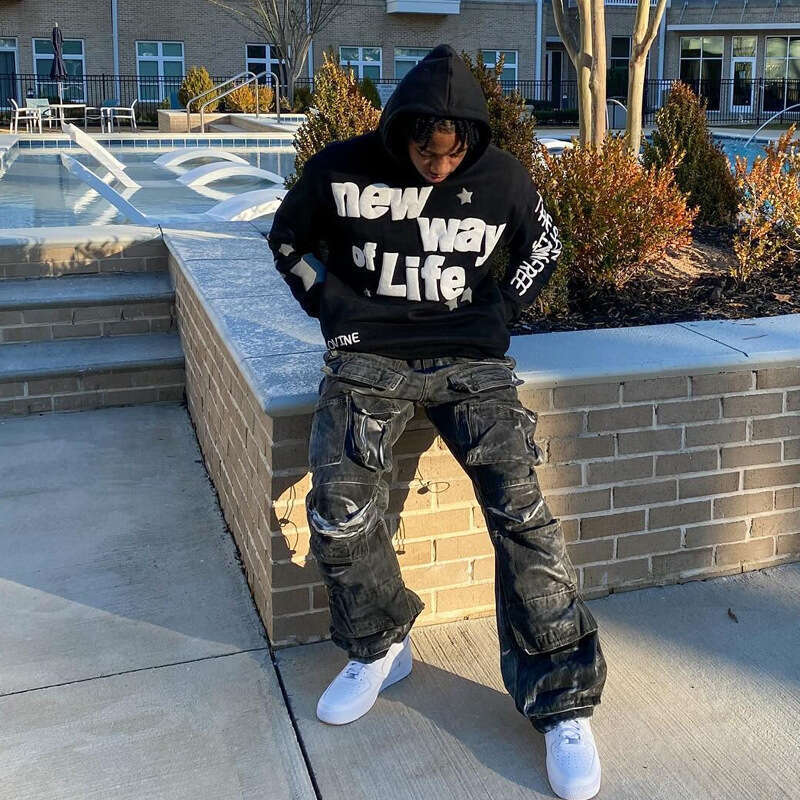 Dark Gothic Alphabet Foam Black Hoodie Loose Oversized Clothing Street