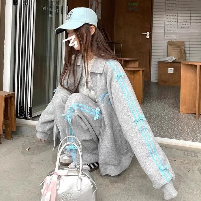 Autumn New Fashion Sports Style Gray Bow Stand Up Hoodie Coat+High Waist Loose Casual Wide Leg Pants Two Piece Set Women Outfits
