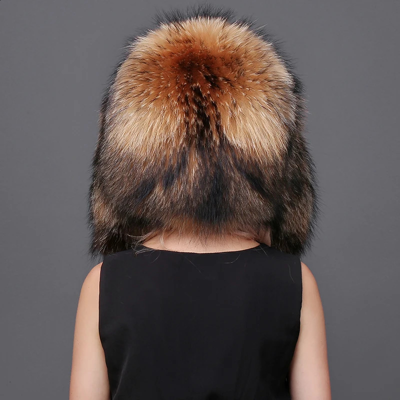 Womens winter hat with ear flaps 100% genuine fur Leifeng hat super warm hat with a luxurious raccoon fur top 241220