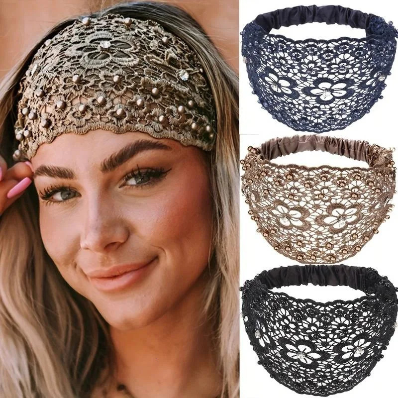 1pc Boho Hollow Lace Headband Wide Head Wrap Faux Pearl Decor Headband Hair Accessories For Women 241223