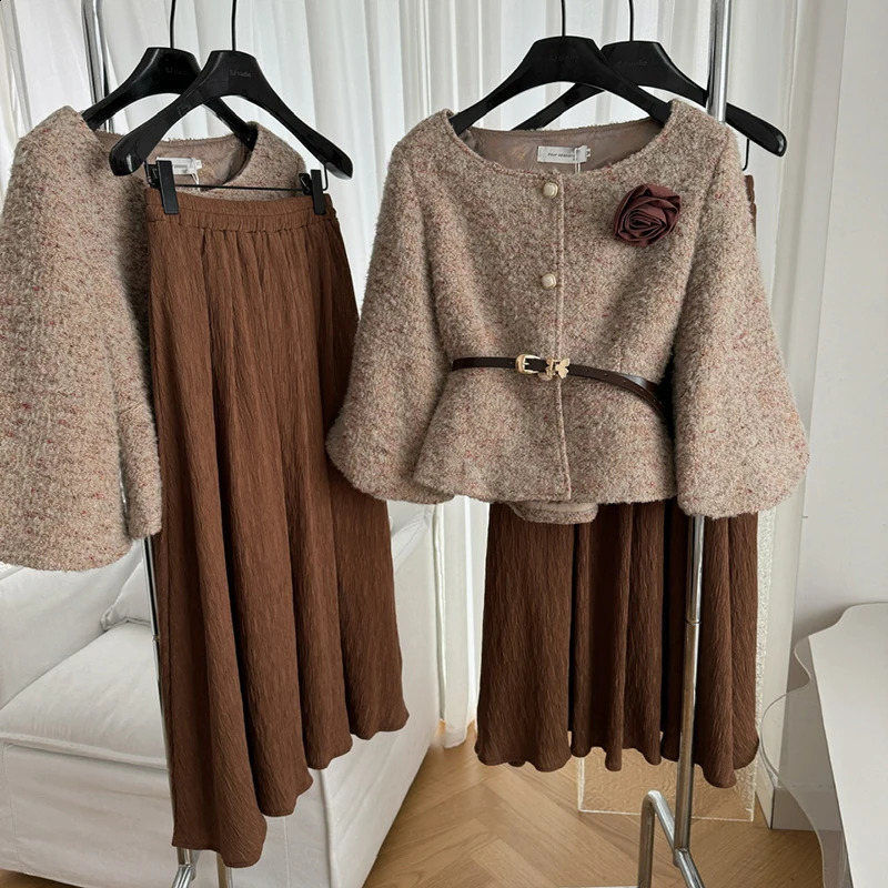 LUZHEN Elegant Solid Color Three-dimensional Loose Lamb Wool Coat Womens Fashion Fold Long Skirt AA2592 241220