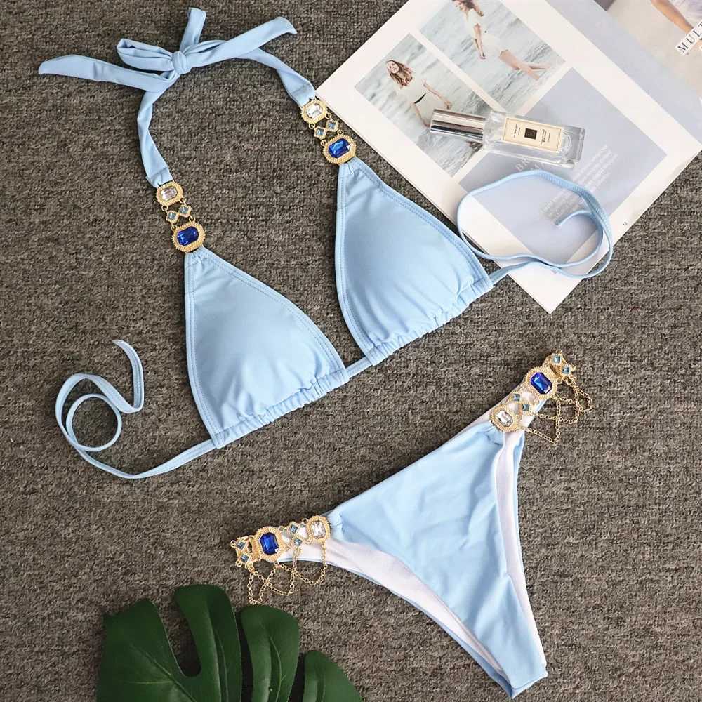 Luxury Rhinestone Bikini Women 2025 Sexy Orange Yellow Crystal Diamond Push Up Thong Swimsuit Beach Bathing Suit Tanga SwimwearXJ241223