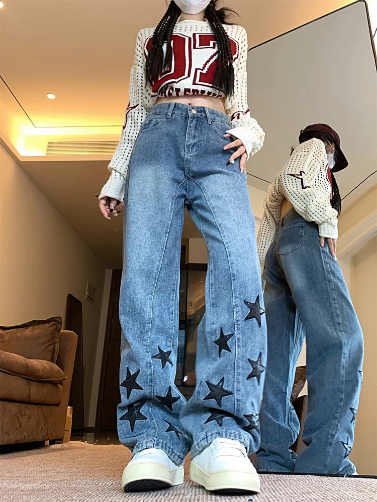Baggy Jeans Women Star Patchwork Ins High Waist Y2k 2000s Autumn Slacks Mopping Trousers Cowgirl Clothes Streetwear Daily 241218