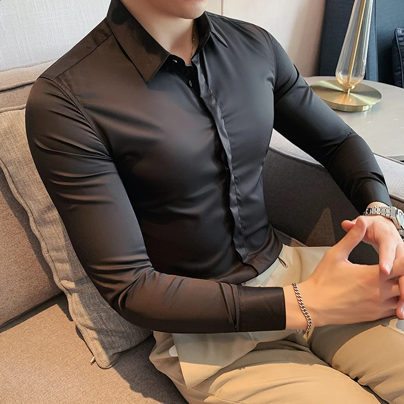 8 Colors High Quality Men Dress Shirt 2024 Autumn Long Sleeve Solid Concealed Placket Shirts Men Business Slim Fit Social Shirt 241223