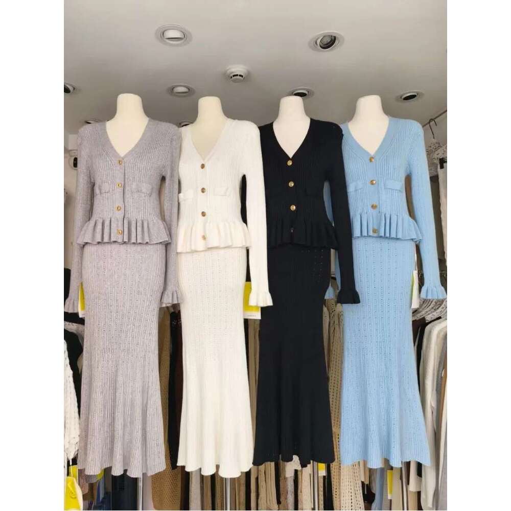 Dress Skirt Set French Elegant Knitted Two Piece Sets Women Ruffle V-Neck Long Sleeve Sweater Top High Waisted Midi Fishtail Skirt Vintage Suits