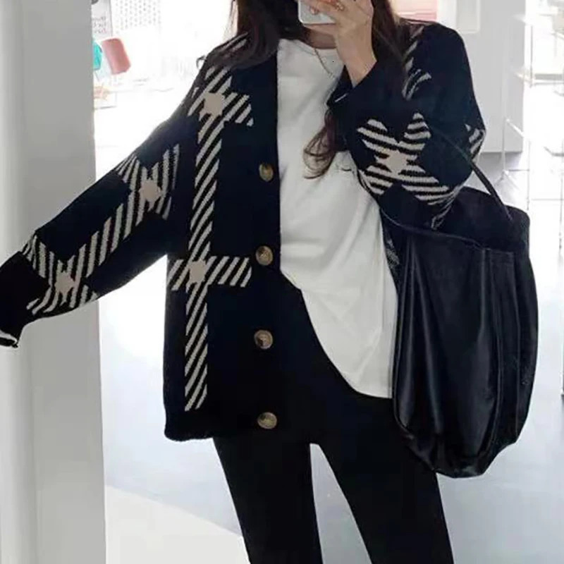 HELIAR Women Autumn Stripes Knitted Cardigan Sweater Loose Warm Buttons Up Coat Casual Office 2024 Winter 241220