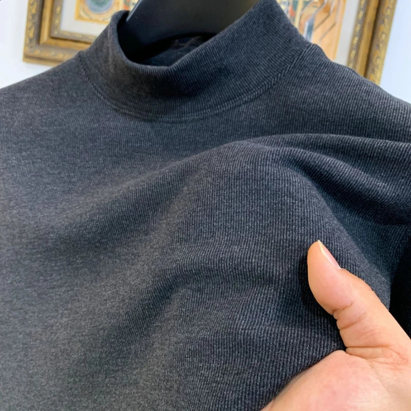 Smart Casual Men Autumn And Winter Solid Mock Neck Plus Velvet Warm Fashion All-match Slim Long Sleeve Pullovers T-Shirts Tops 241223