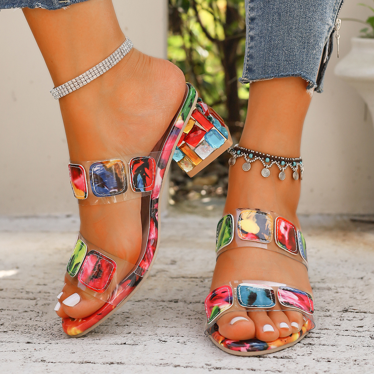 2025 summer new color diamond coarse heels matching color slippers European and American style slippers female fashion large size 35-43 round head sli