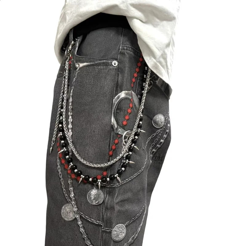 Dark punk style double layered jeans chain n with beaded spikes tassel waist chain niche bag chain 241220