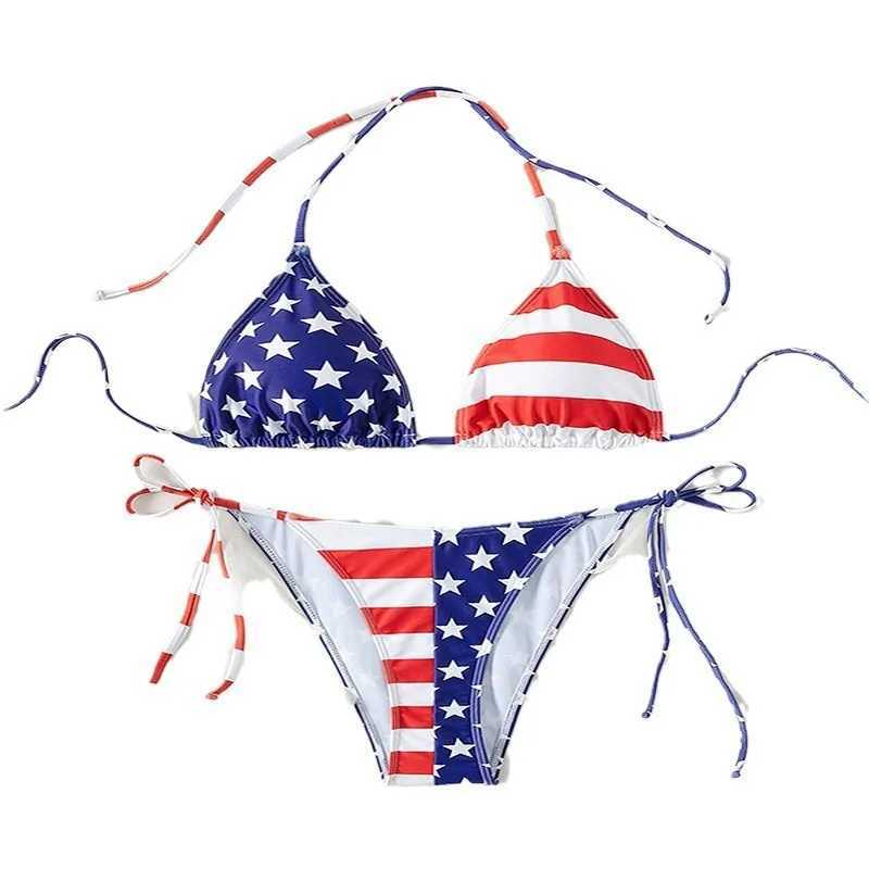 2 Pcs/Set Bikini Set Sexy Bikinis 2024 Lace-up Bikini Swimsuit Womens High Sense American Flag Print Beach Bikini Spa SwimsuitXJ241223