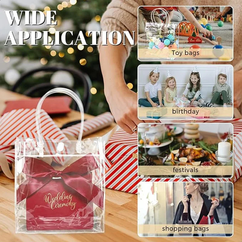 10/20/30/50/100pcsTransparent Soft PVC Gift Tote Packaging Bags with Button Hand Loop Clear Plastic Handbag Cosmetic Bag 241223