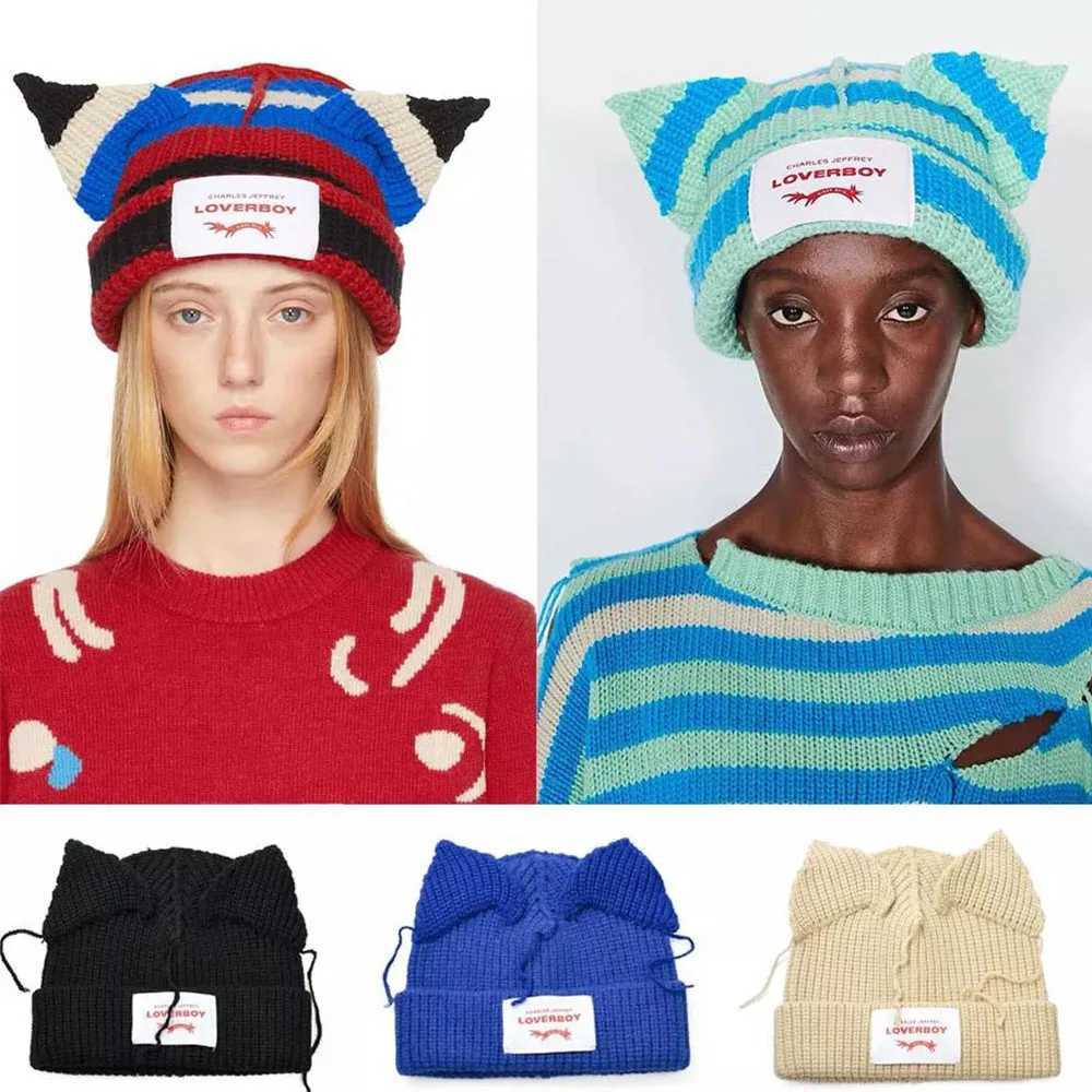 New Cat Ear Knitted Hat Warm Pig Ear Wool Hat Cute Fashion Hoodie Niche Design Hip Hop Personalized Cold Hat M241223