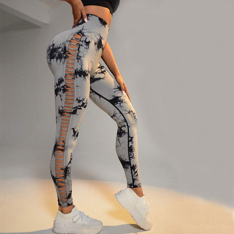 European and American women's gradient hanging dye side hollow seamless tie dye yoga alignment tight pants shorts yoga pants gym slimming sportsw