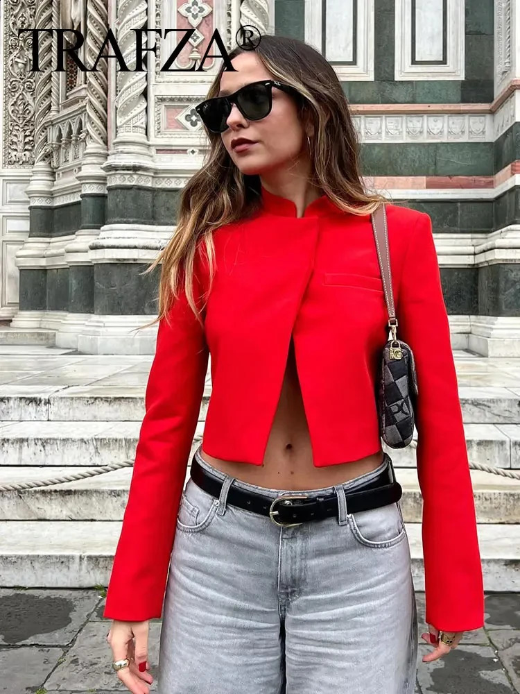 TRAFZA Women Red Slim Cropped Coat Casual Stand Collar Long Sleeve Jacket Vintage Solid Woman Fashion Y2k High Street Outerwear 241223