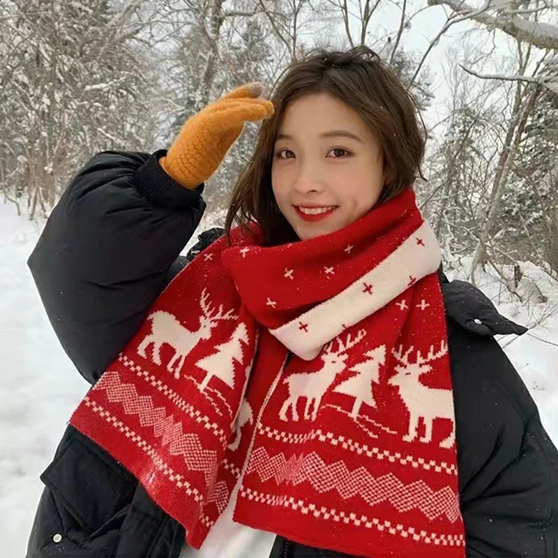 Winter Warm Scarf For Women Men Deer Elk Double-Sided Knitted Scarves Fashion Versatile Woolen Shawl Christmas Present 241223