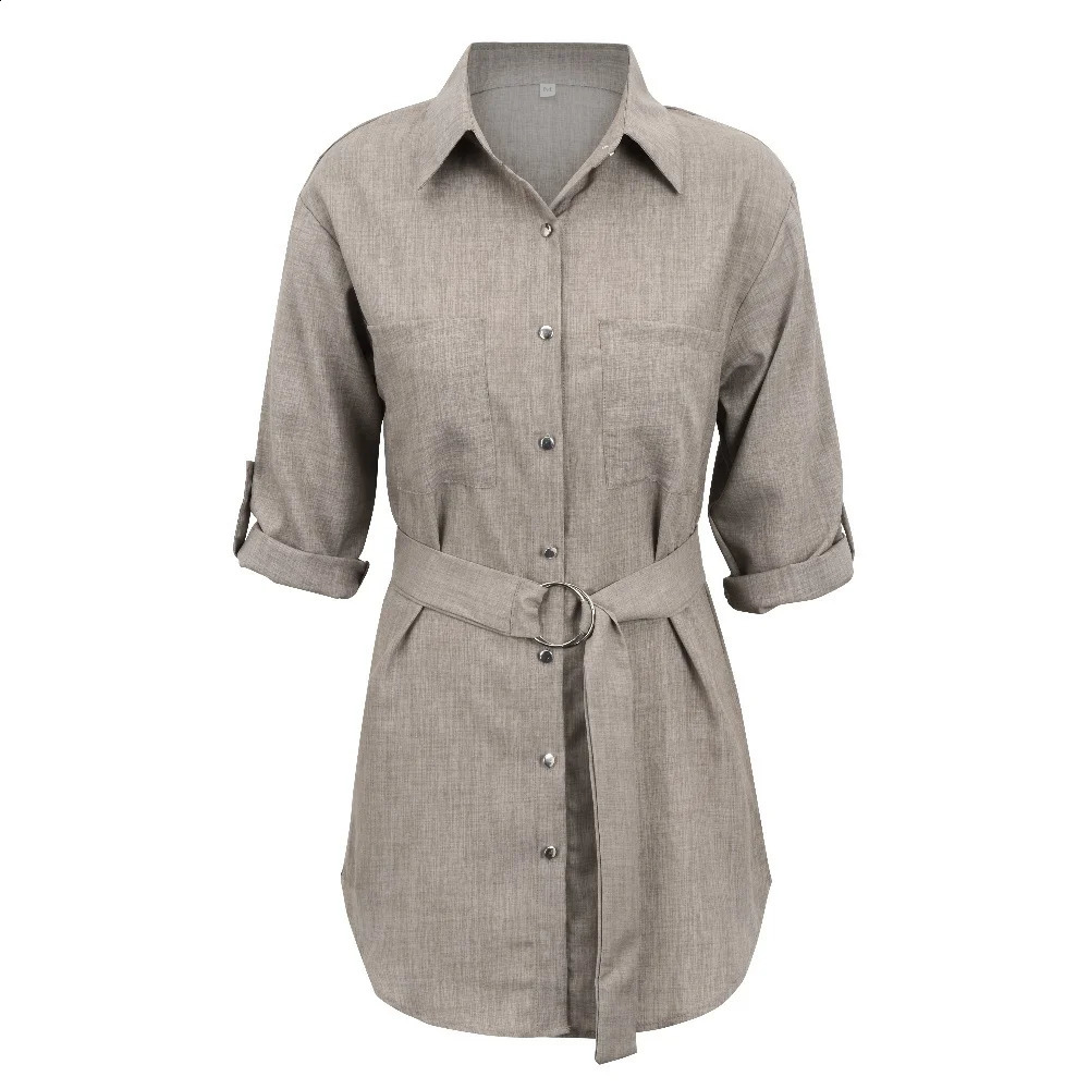 Vestido Feminiso Elegant Shirt Dress Fashion Mini Top Women Deep Vneck Button Fold Over 34 Sleeve 241218