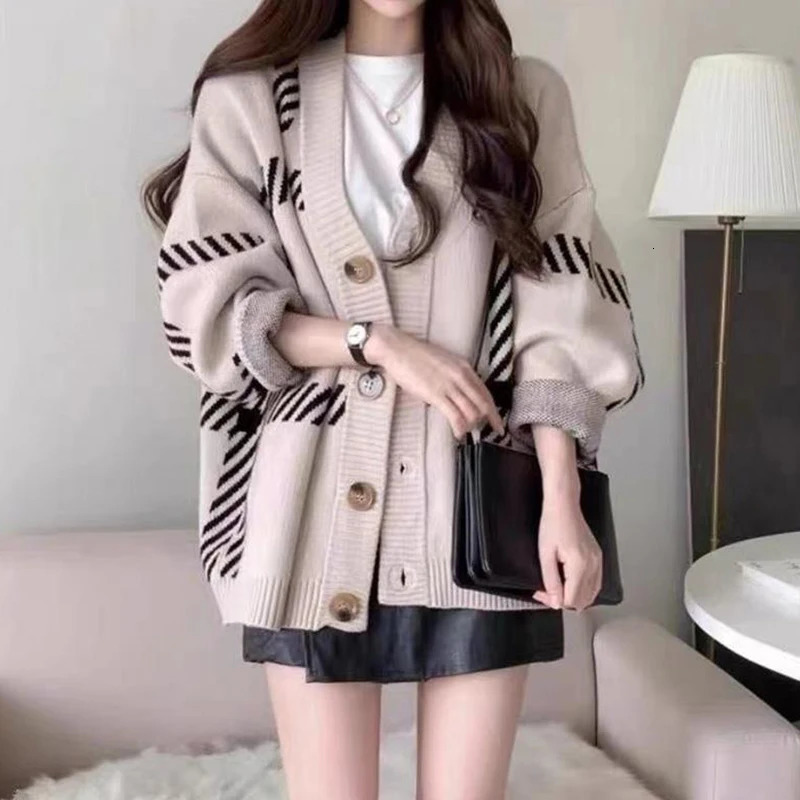 HELIAR Women Autumn Stripes Knitted Cardigan Sweater Loose Warm Buttons Up Coat Casual Office 2024 Winter 241220