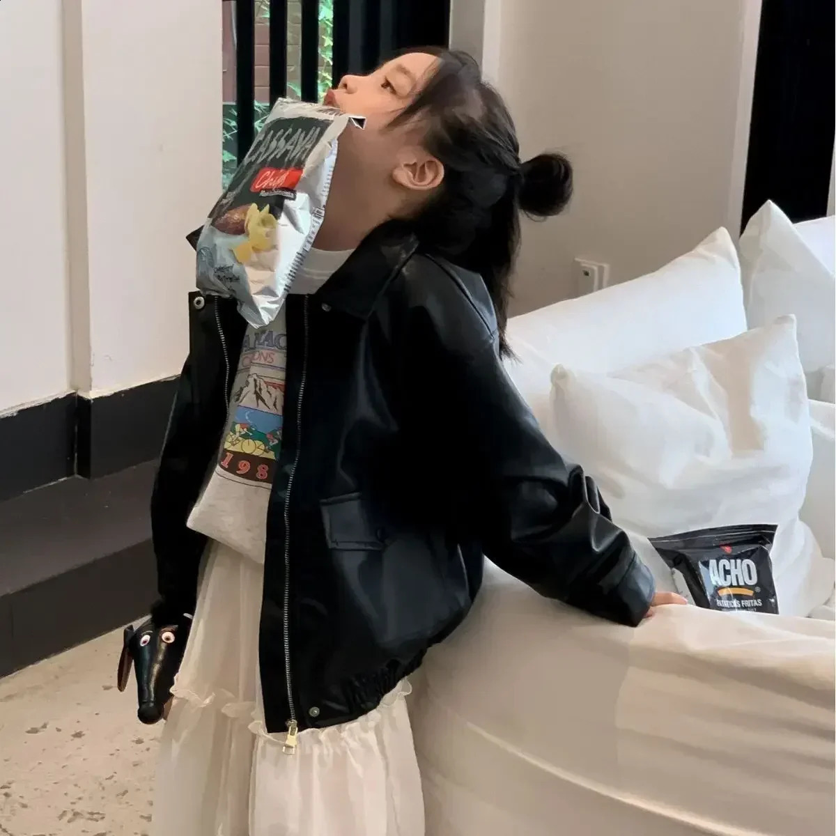 Kid Coat Spring and Summer Boys and Girls Plaid Spring Children Vintage Limited Leather Fashion Niche Black Leather Coat 241223