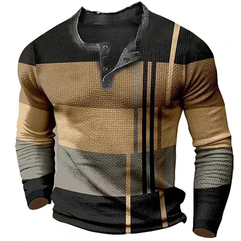 New Arrival Mens cotton T-shirt color block pattern T-shirt Henry shirt oversized clothing outdoor casual long sleeved button up clothing Z241223