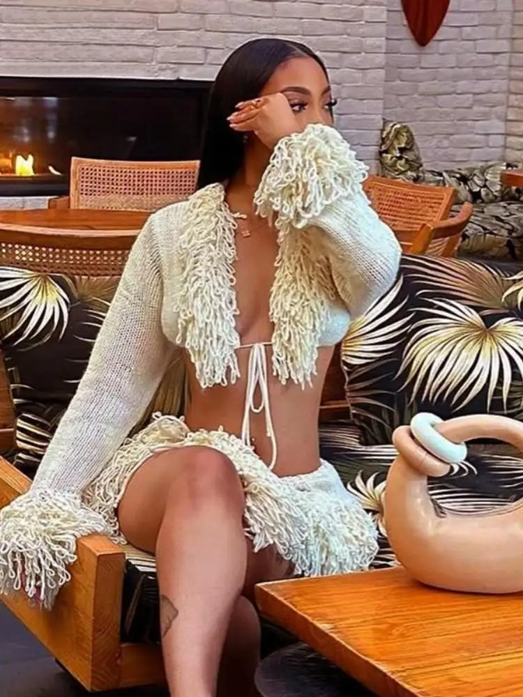 Joskaa Knitted Tassels 2 Piece Sets Women Hipster Sexy Long Sleeve Lace-Up Cardigan Tops And Mini Skirts Matching Party Clubwear