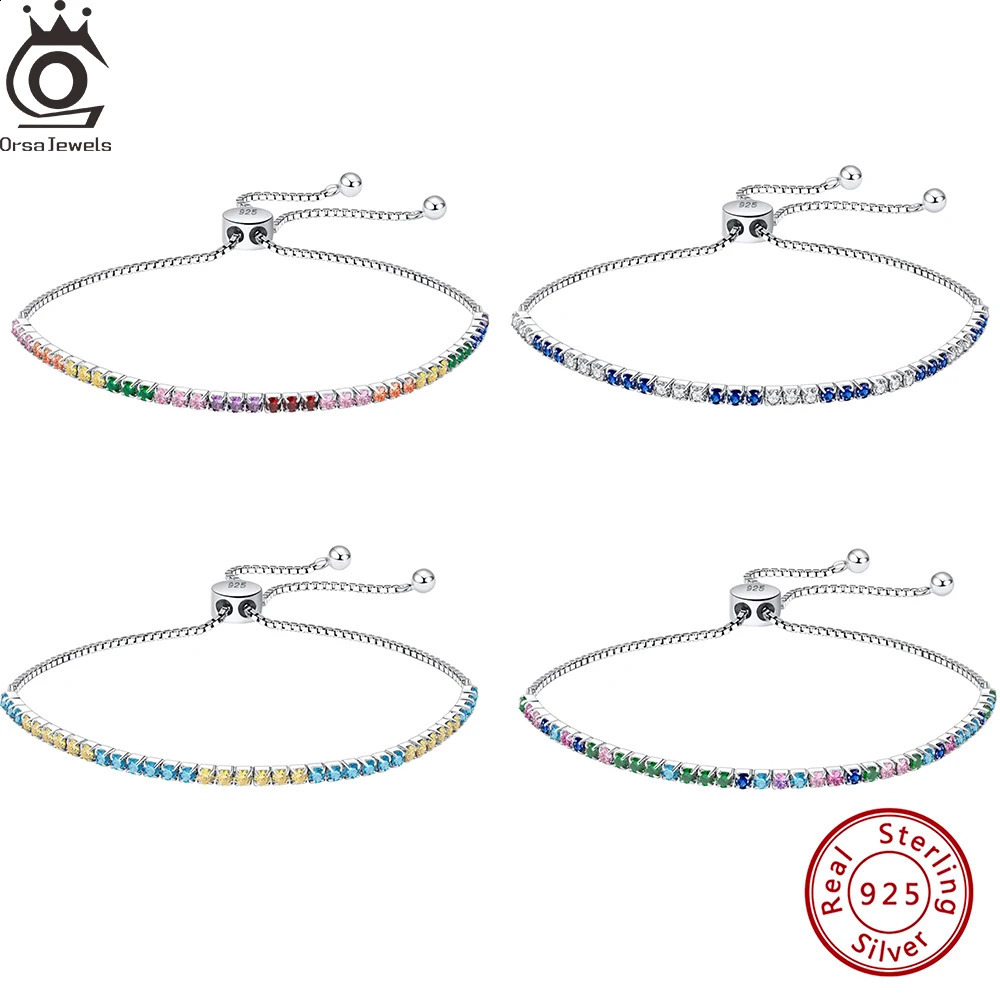 ORSA JEWELS Rainbow 2mm Width Cubic Zirconia Chain Bracelet Soild 925 Sterling Silver Colorful CZ Tennis Bangle Adjustable SB150 241214