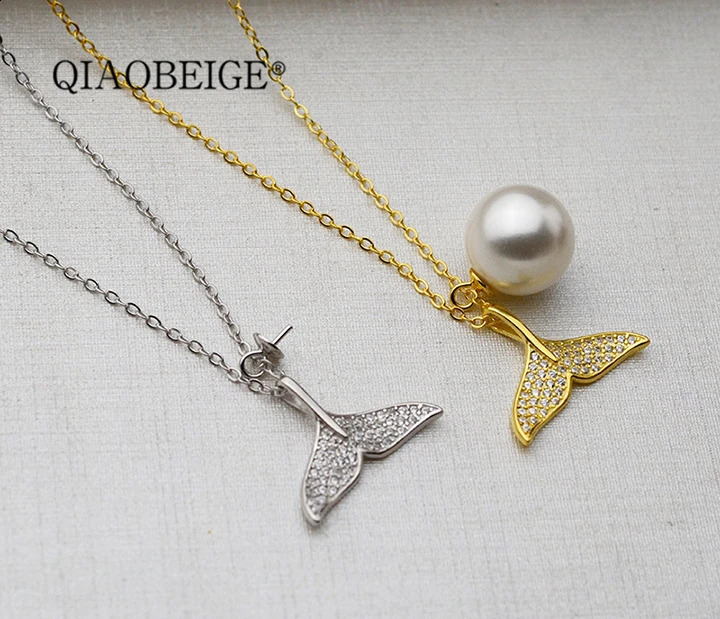 QIAOBEIGE Diy handmade s925 pure silver 8-14mm pearl empty support merman princess fish tail necklace chain accessories 241220
