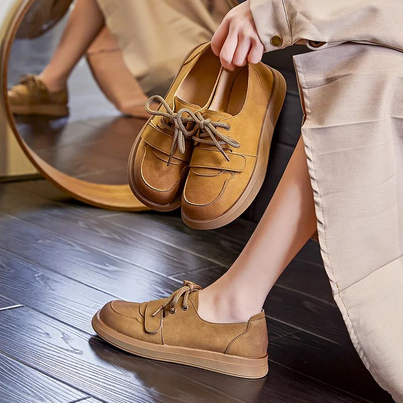 AIYUQI Women's Loafers Genuine Leather Spring Vintage Women Flats Lace-up British-style Casual Shoes Women