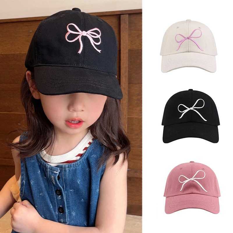 Caps Hats Solid color childrens baseball cap Korean bow embroidered girls sun hat adjustable summer childrens cotton snap cap H241223
