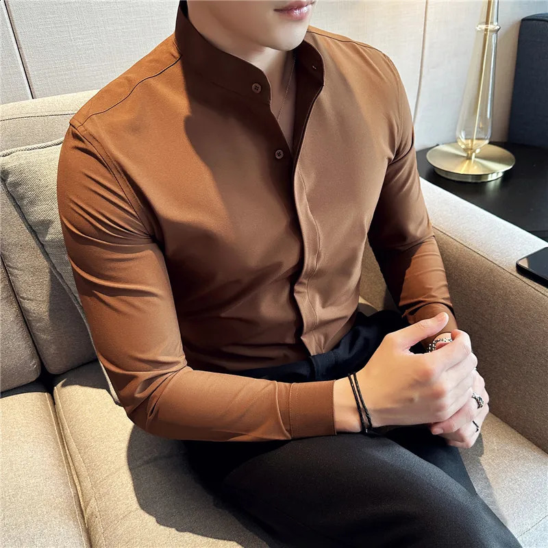 2024 Stand Collar Shirts For Men High Quality Hide Buttons Solid Slim Fit Business Party Wedding Dress Shirts 241223