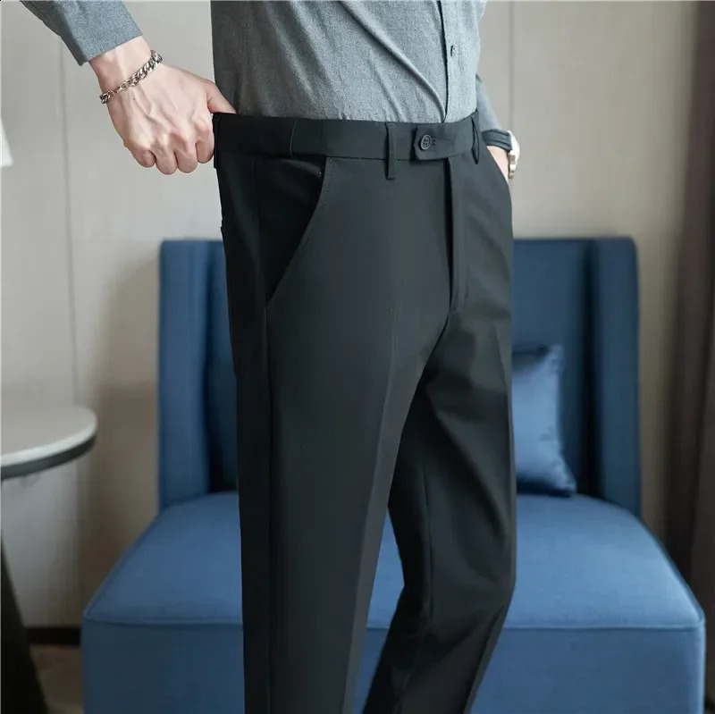 Men Suit Pant Plus Size 40 38 2024 Autumn Solid Elastic Waist Dress Pants Men Slim Business Office Social Ankle Length Trousers 241223