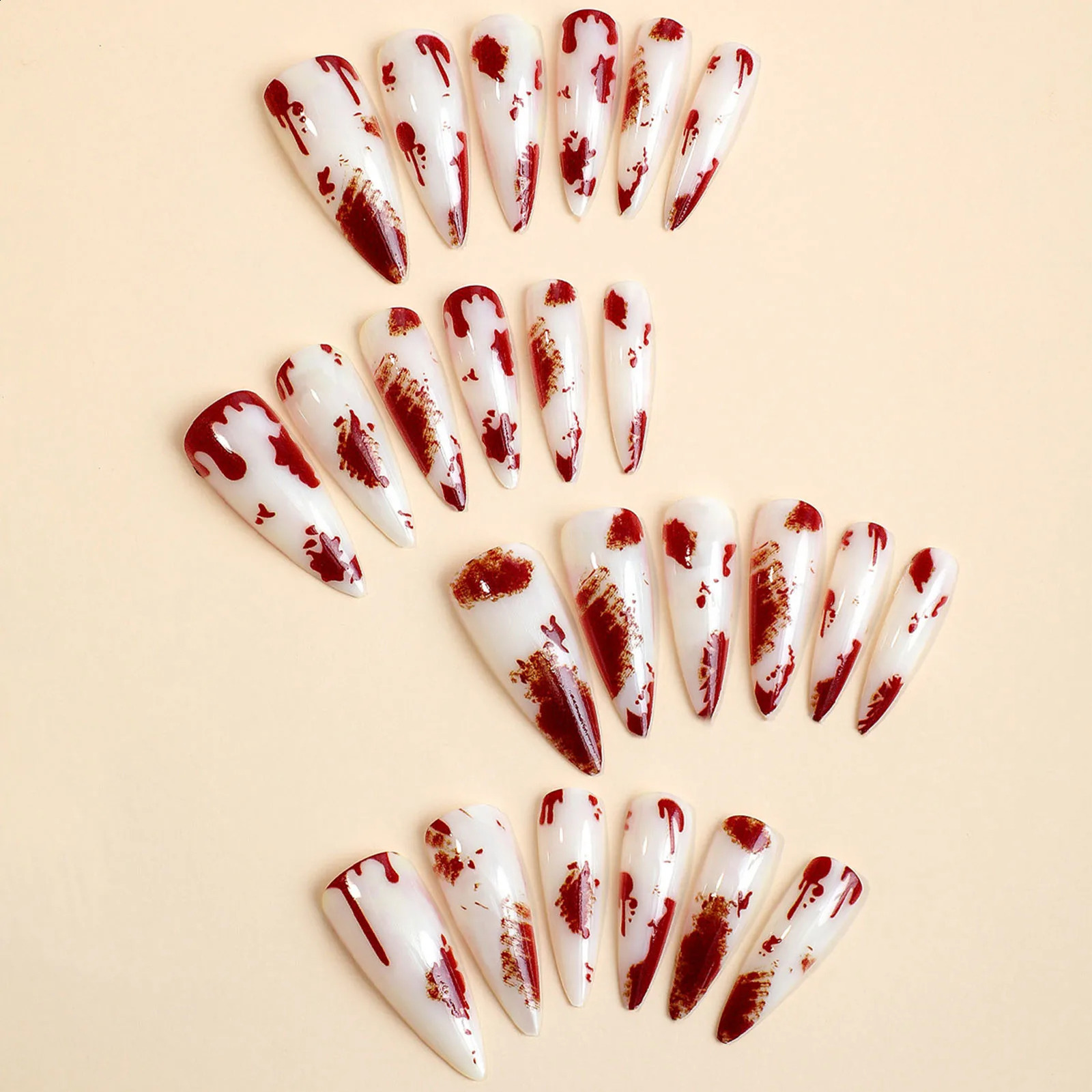 24pcs Long Pointed Halloween Nail Tips Bloodstain Decor Fake Nails Stiletto Press On False Nails Professional Manicure Nail Art 241223