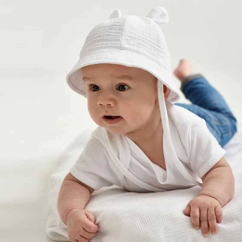 Caps Hats Spring and Autumn Solid Color Soft Baby Bucket Hat Cotton Fishermans Hat Childrens Summer Preschool Boys and Girls Panama Sun Hat H241223