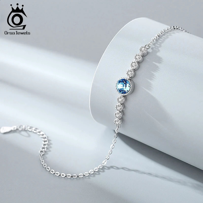 ORSA JEWELS Blue Cubic Zirconia Bracelet Chain Women Gift 925 Sterling Silver Charm Round Pink Crystal Bangle Exquisite SWB03 241214