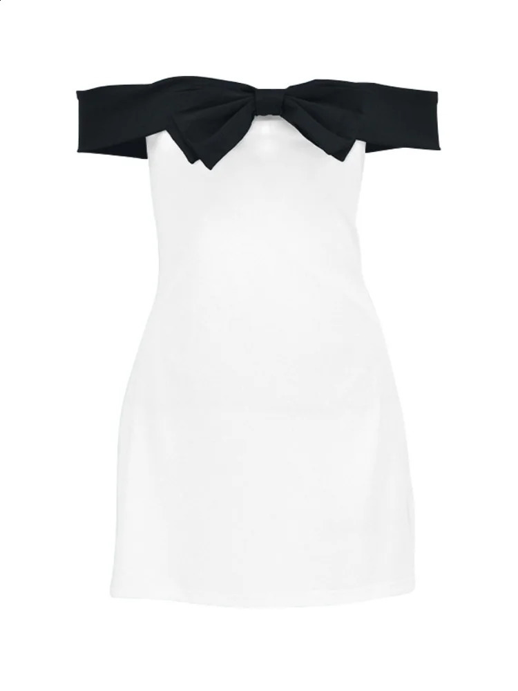 Womens Fashion Black and White Contrast Bow Mini Dress Elegant Long Sleeve High Waist Slim Fit Vestdos Womens Street Dress 241223