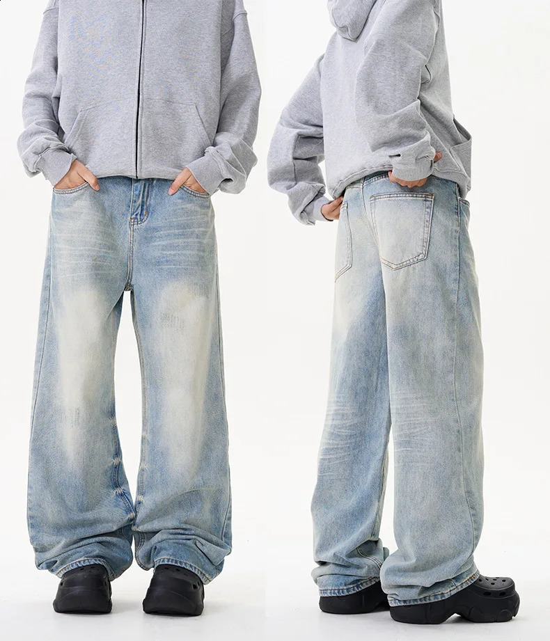 American Washed Cat Whiskers Jeans Mens and Womens Gradient Color Loose Pocket Tie-Dye Couple Pants 241223