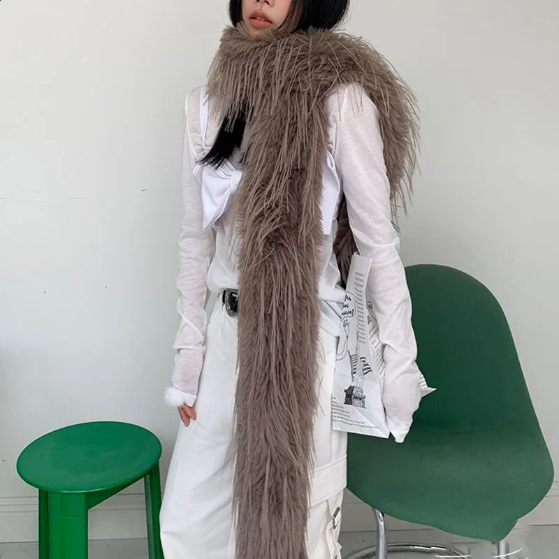 Brown Long Hair Scarf Solid Color Plush Shawl Winter Warm Thickened Tassel Shawl Fur Scarves Warp Women Year Gift 241223